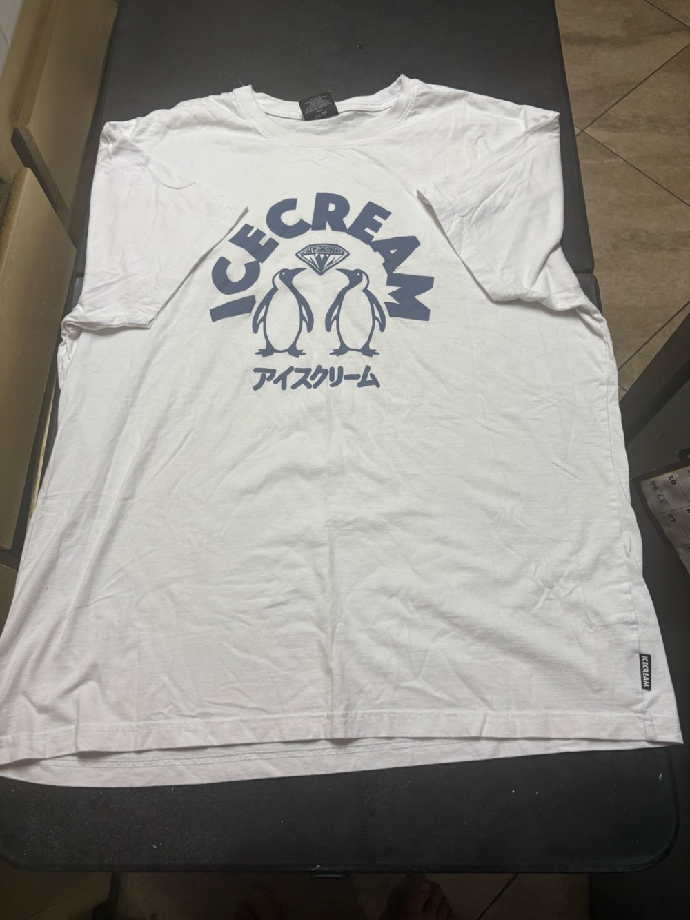 Icecream White Tee with Navy Penguin Graphic